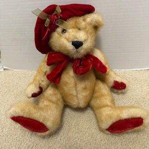 Vintage DanDee Collectible Plush Teddy Bear Red Velvet Hat Bows & Paws 10”